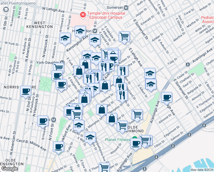 map of restaurants, bars, coffee shops, grocery stores, and more near 2144 East Cumberland Street in Philadelphia