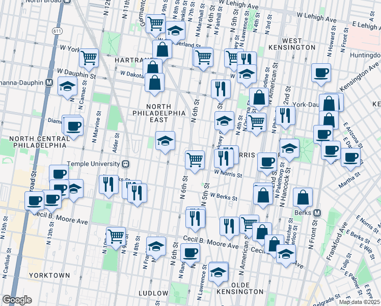 map of restaurants, bars, coffee shops, grocery stores, and more near 2036 Germantown Avenue in Philadelphia