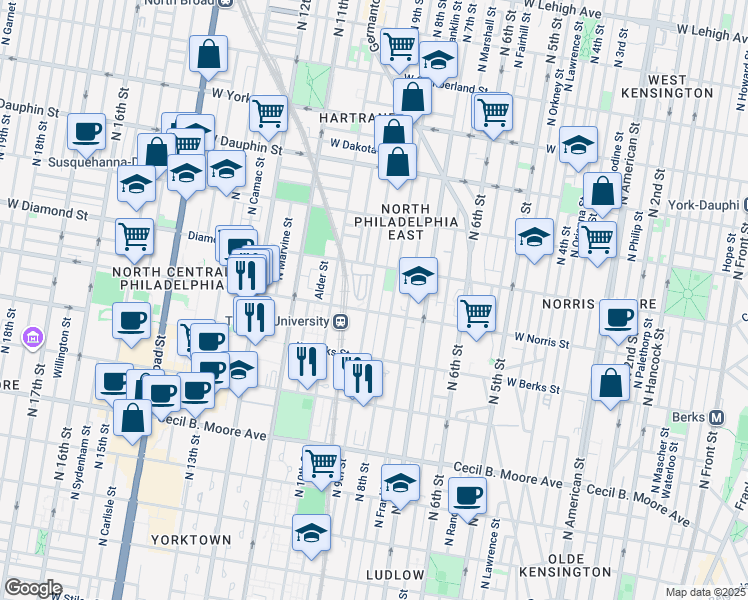 map of restaurants, bars, coffee shops, grocery stores, and more near 2011 North 9th Street in Philadelphia