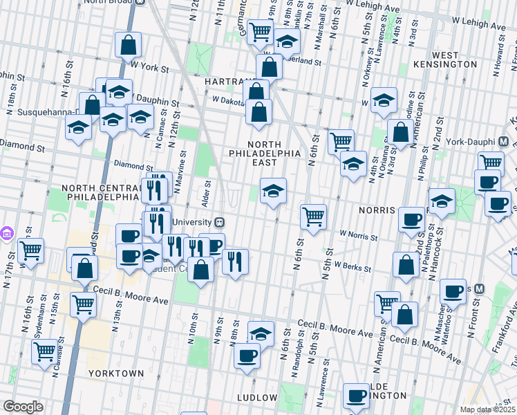 map of restaurants, bars, coffee shops, grocery stores, and more near 2021 North 8th Street in Philadelphia