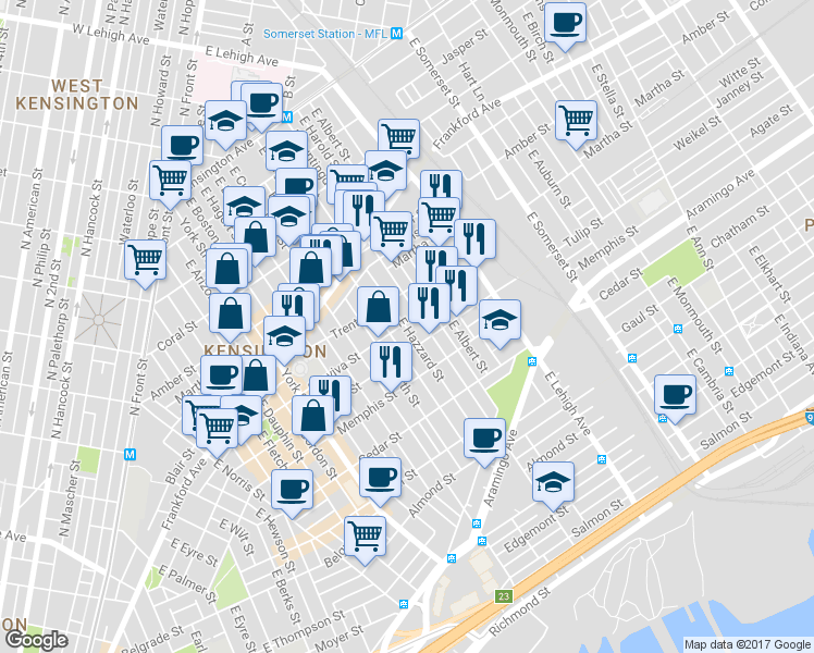 map of restaurants, bars, coffee shops, grocery stores, and more near 2559 Sepviva Street in Philadelphia