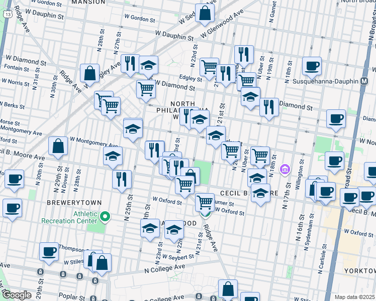 map of restaurants, bars, coffee shops, grocery stores, and more near 1821 North Croskey Street in Philadelphia
