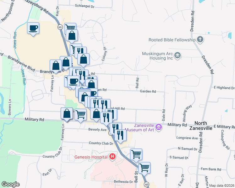 map of restaurants, bars, coffee shops, grocery stores, and more near 886 Garden Road in Zanesville