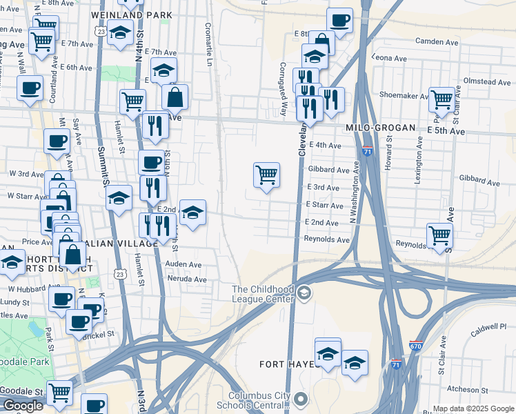 map of restaurants, bars, coffee shops, grocery stores, and more near 467 East Starr Avenue in Columbus