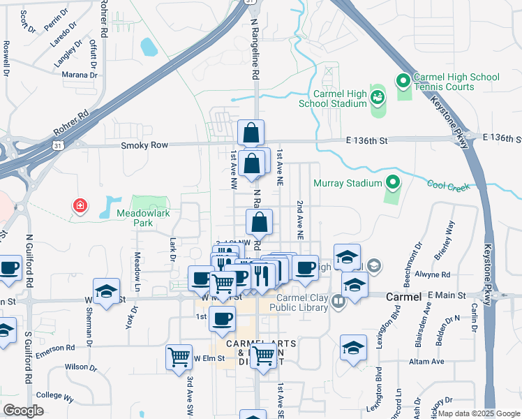 map of restaurants, bars, coffee shops, grocery stores, and more near 443 North Rangeline Road in Carmel