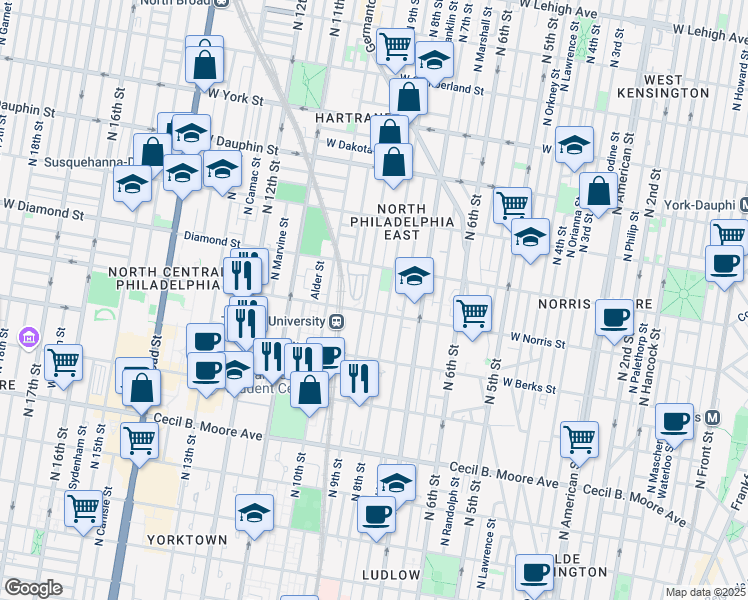 map of restaurants, bars, coffee shops, grocery stores, and more near 2012 North Darien Street in Philadelphia