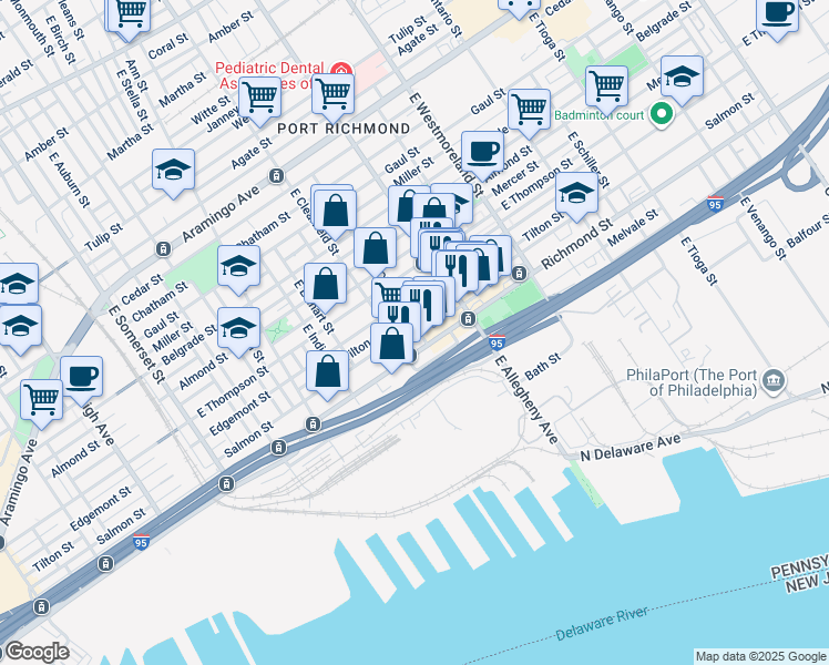 map of restaurants, bars, coffee shops, grocery stores, and more near 3125 Salmon Street in Philadelphia