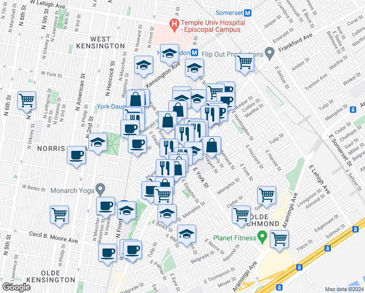 map of restaurants, bars, coffee shops, grocery stores, and more near 2101 East York Street in Philadelphia