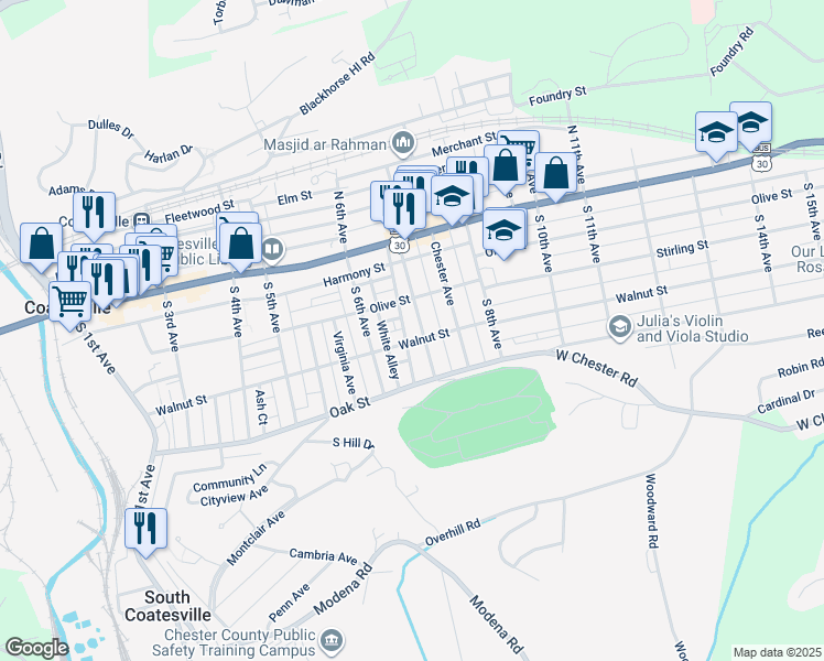 map of restaurants, bars, coffee shops, grocery stores, and more near 92 Pennsylvania Avenue in Coatesville