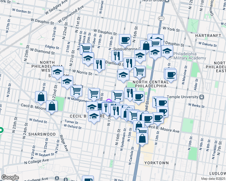 map of restaurants, bars, coffee shops, grocery stores, and more near 1902 North 17th Street in Philadelphia
