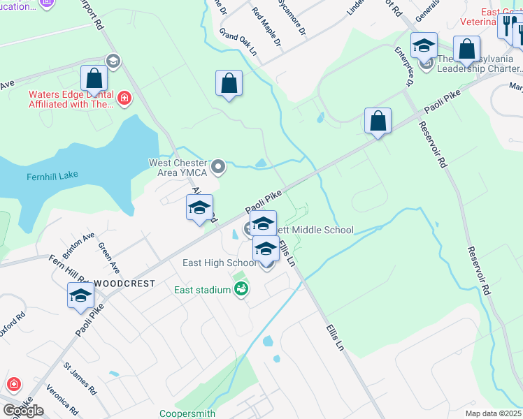 map of restaurants, bars, coffee shops, grocery stores, and more near 1000 Ellis Lane in West Chester