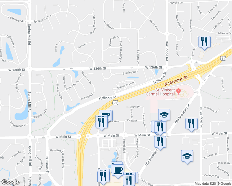 map of restaurants, bars, coffee shops, grocery stores, and more near Highpointe Boulevard in Carmel