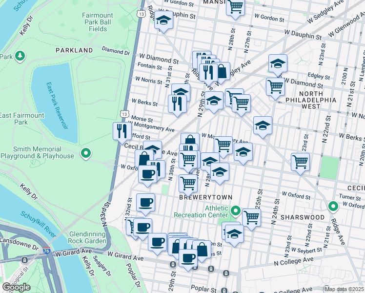 map of restaurants, bars, coffee shops, grocery stores, and more near 2932 West Glenwood Avenue in Philadelphia