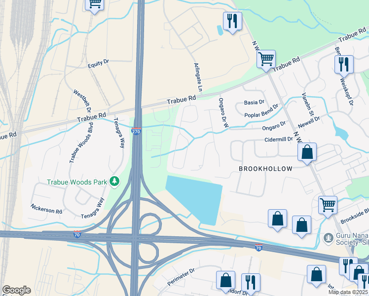map of restaurants, bars, coffee shops, grocery stores, and more near 1371 Brookforest Drive in Columbus