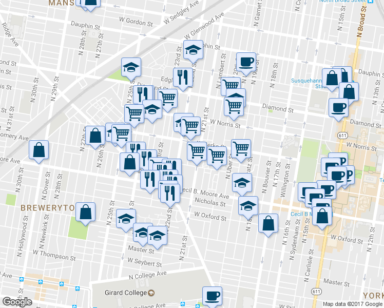 map of restaurants, bars, coffee shops, grocery stores, and more near 1829 North Van Pelt Street in Philadelphia