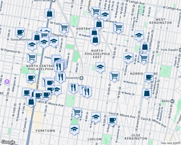 map of restaurants, bars, coffee shops, grocery stores, and more near 2012 North Darien Street in Philadelphia