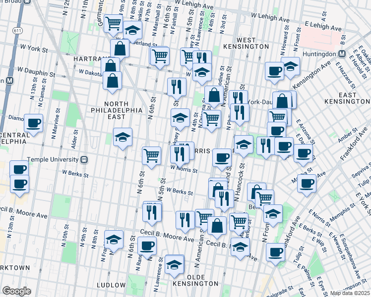 map of restaurants, bars, coffee shops, grocery stores, and more near 414 Diamond Street in Philadelphia