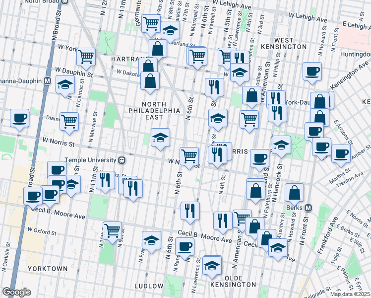 map of restaurants, bars, coffee shops, grocery stores, and more near 2036 Germantown Avenue in Philadelphia