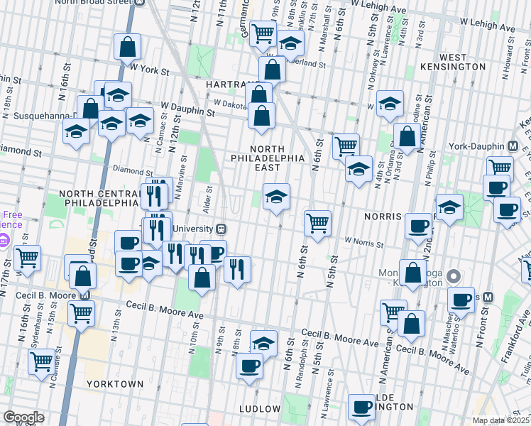 map of restaurants, bars, coffee shops, grocery stores, and more near 2021 North 8th Street in Philadelphia