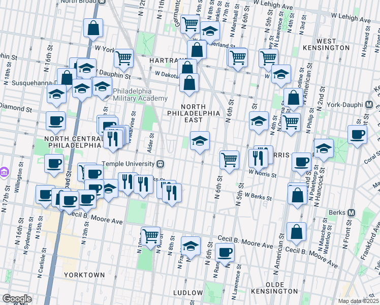 map of restaurants, bars, coffee shops, grocery stores, and more near 2021 North 8th Street in Philadelphia