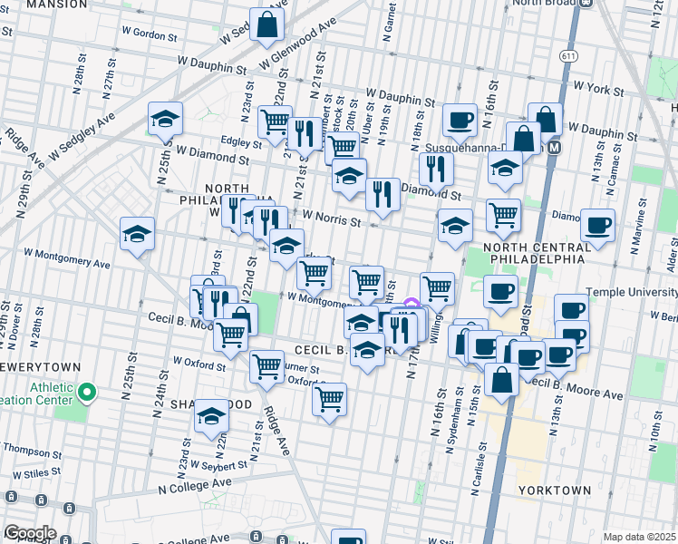 map of restaurants, bars, coffee shops, grocery stores, and more near 1860 North Uber Street in Philadelphia