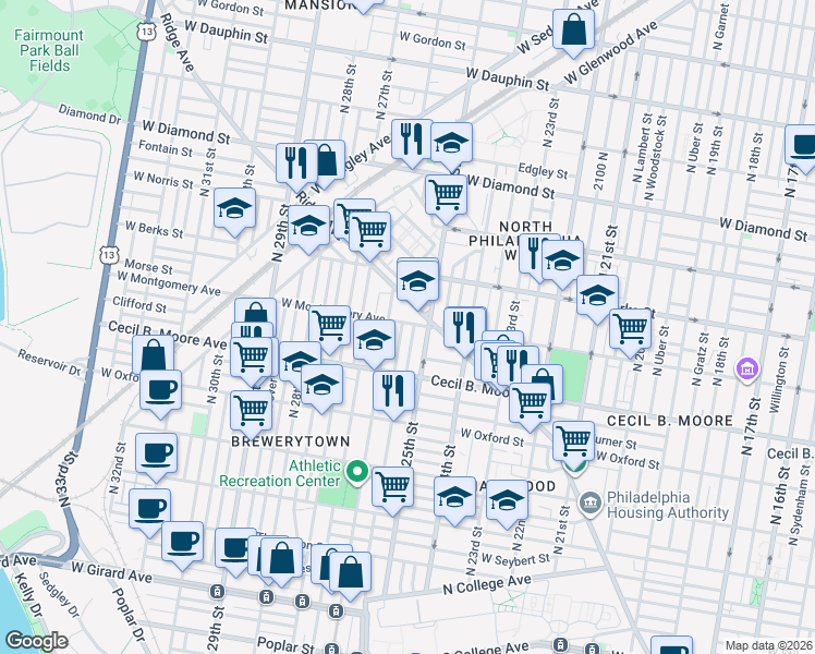 map of restaurants, bars, coffee shops, grocery stores, and more near in Philadelphia