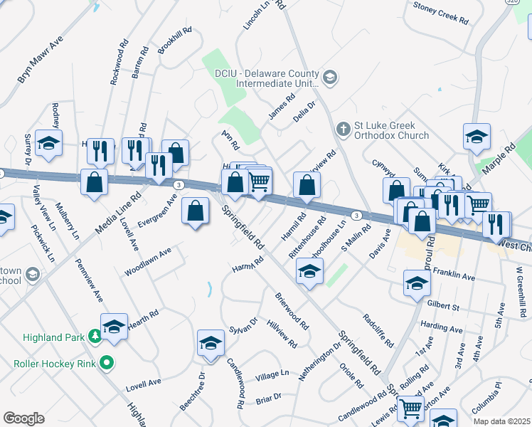 map of restaurants, bars, coffee shops, grocery stores, and more near 7 South Manor Road in Broomall