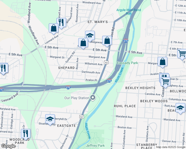 map of restaurants, bars, coffee shops, grocery stores, and more near 2241 Dartmouth Avenue in Columbus