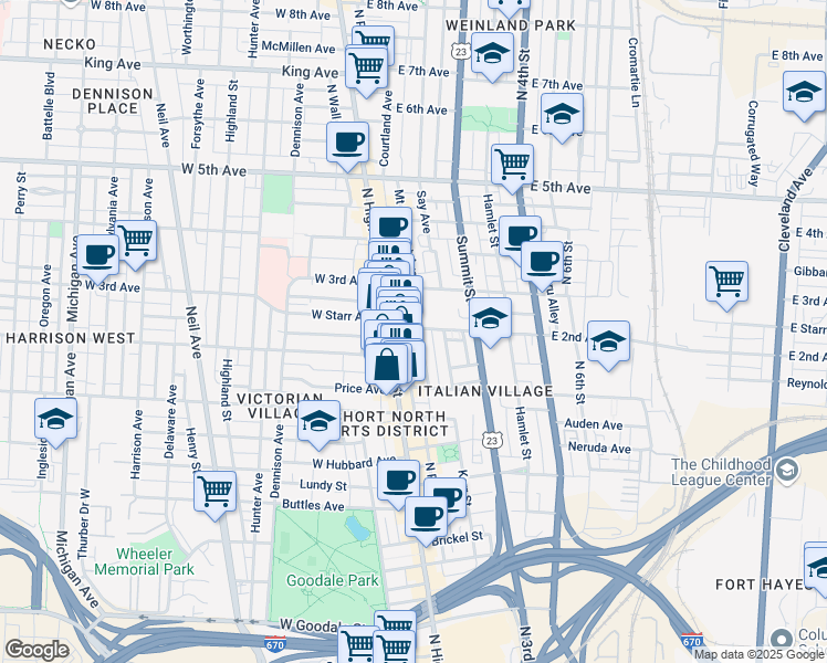map of restaurants, bars, coffee shops, grocery stores, and more near 15 East 2nd Avenue in Columbus