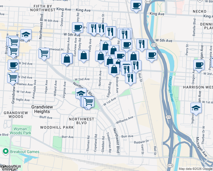 map of restaurants, bars, coffee shops, grocery stores, and more near 1155 Edgehill Road in Columbus
