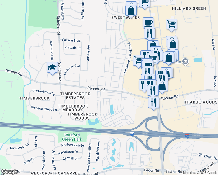 map of restaurants, bars, coffee shops, grocery stores, and more near 5759 Willow Peak Lane in Hilliard