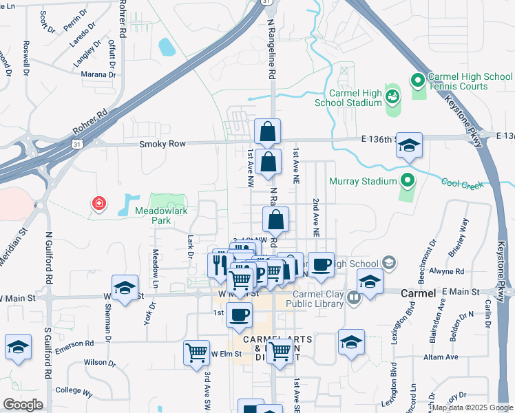 map of restaurants, bars, coffee shops, grocery stores, and more near 450 1st Avenue Northwest in Carmel