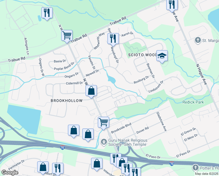 map of restaurants, bars, coffee shops, grocery stores, and more near 3647 Grimes Drive in Columbus