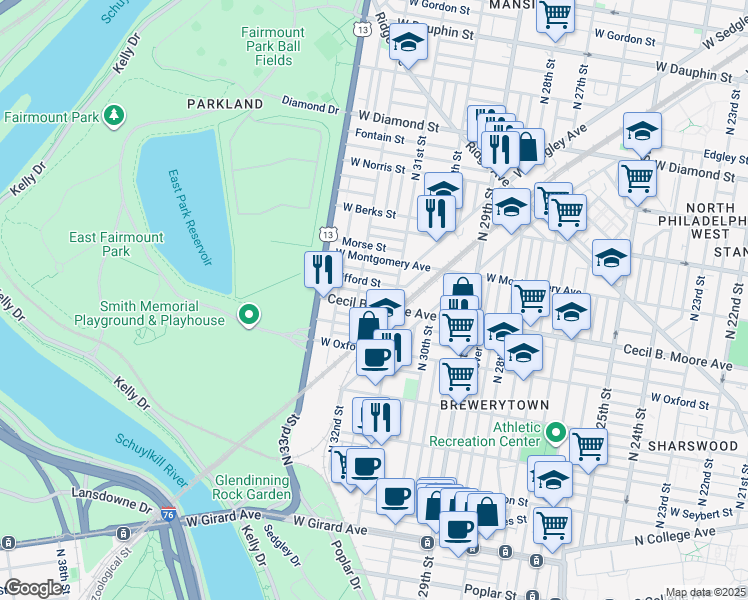 map of restaurants, bars, coffee shops, grocery stores, and more near 3123 Cecil B. Moore Avenue in Philadelphia