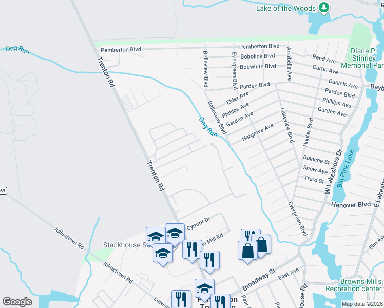 map of restaurants, bars, coffee shops, grocery stores, and more near 304 Trenton Road in Browns Mills