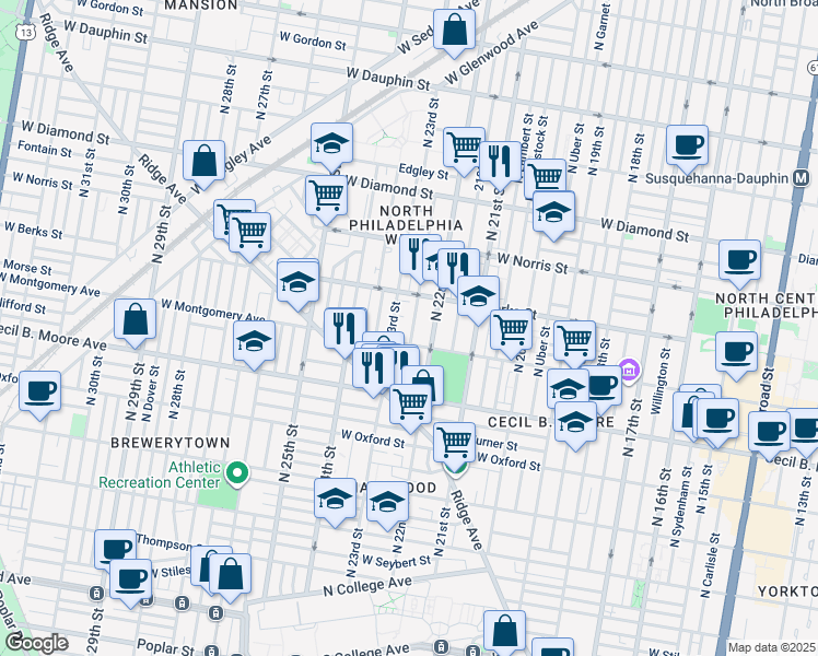 map of restaurants, bars, coffee shops, grocery stores, and more near 1820 North Croskey Street in Philadelphia