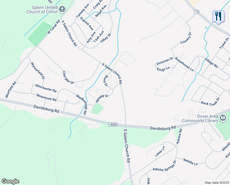 map of restaurants, bars, coffee shops, grocery stores, and more near 3126 Nittany Drive in Dover