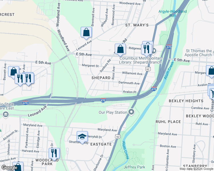 map of restaurants, bars, coffee shops, grocery stores, and more near 703 Ross Avenue in Columbus