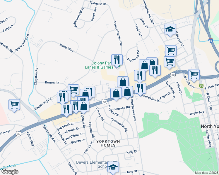 map of restaurants, bars, coffee shops, grocery stores, and more near 720 Hardwick Place in York