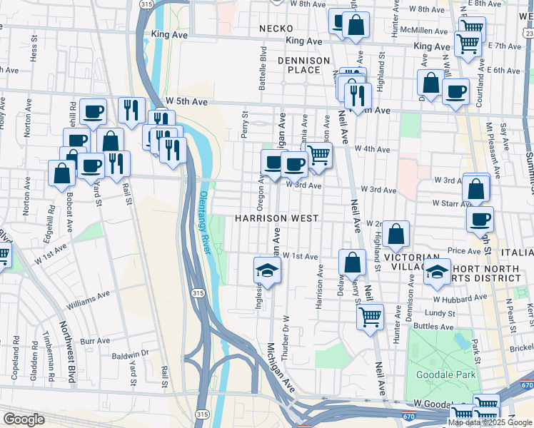map of restaurants, bars, coffee shops, grocery stores, and more near 474 West 2nd Avenue in Columbus