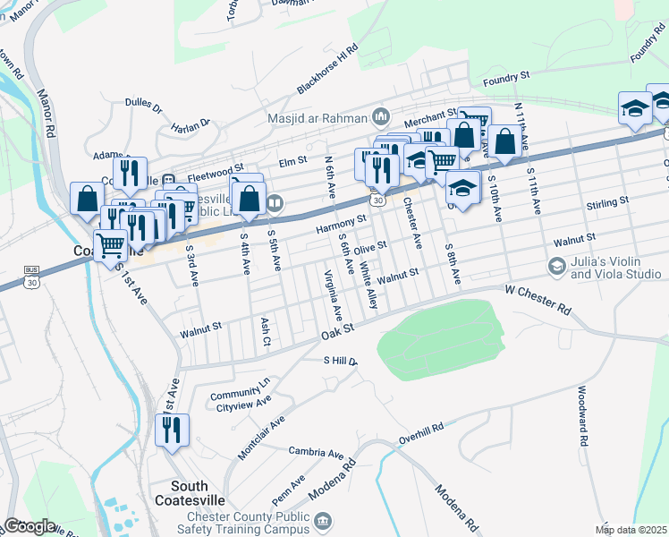 map of restaurants, bars, coffee shops, grocery stores, and more near 73 Modena Alley in Coatesville