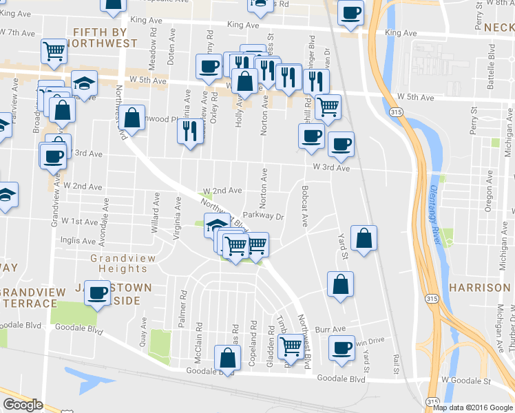 map of restaurants, bars, coffee shops, grocery stores, and more near 1143 Norton Avenue in Columbus