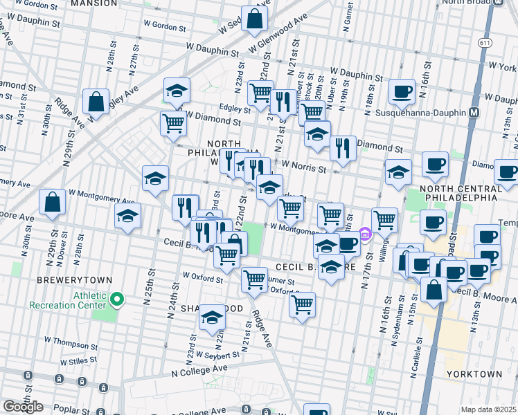 map of restaurants, bars, coffee shops, grocery stores, and more near 1829 North Van Pelt Street in Philadelphia