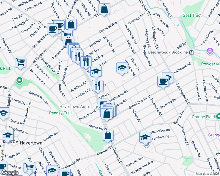 map of restaurants, bars, coffee shops, grocery stores, and more near 1607 Beverly Road in Havertown