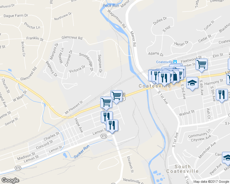 map of restaurants, bars, coffee shops, grocery stores, and more near 23 North Church Street in Coatesville