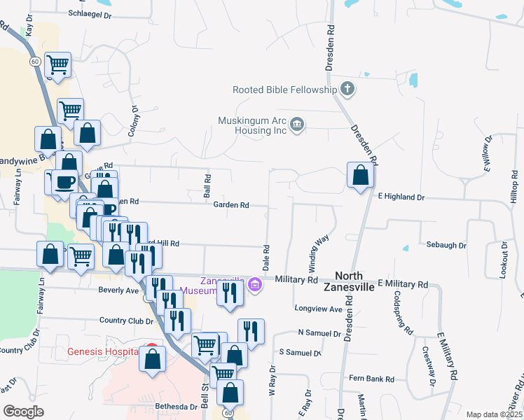 map of restaurants, bars, coffee shops, grocery stores, and more near 3305 Dale Road in Zanesville