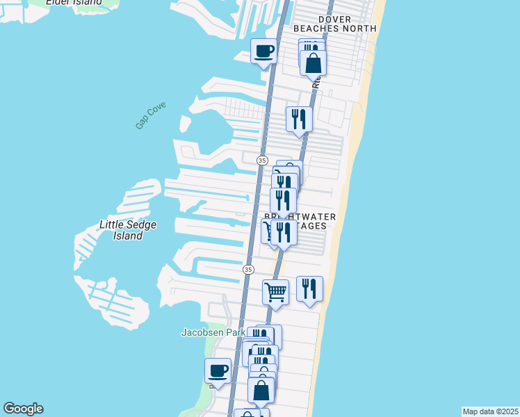 map of restaurants, bars, coffee shops, grocery stores, and more near 9 West Rutherford Lane in Lavallette