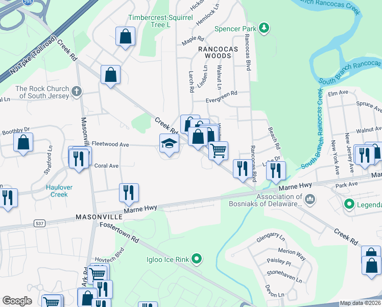 map of restaurants, bars, coffee shops, grocery stores, and more near 141 Creek Road in Mount Laurel Township