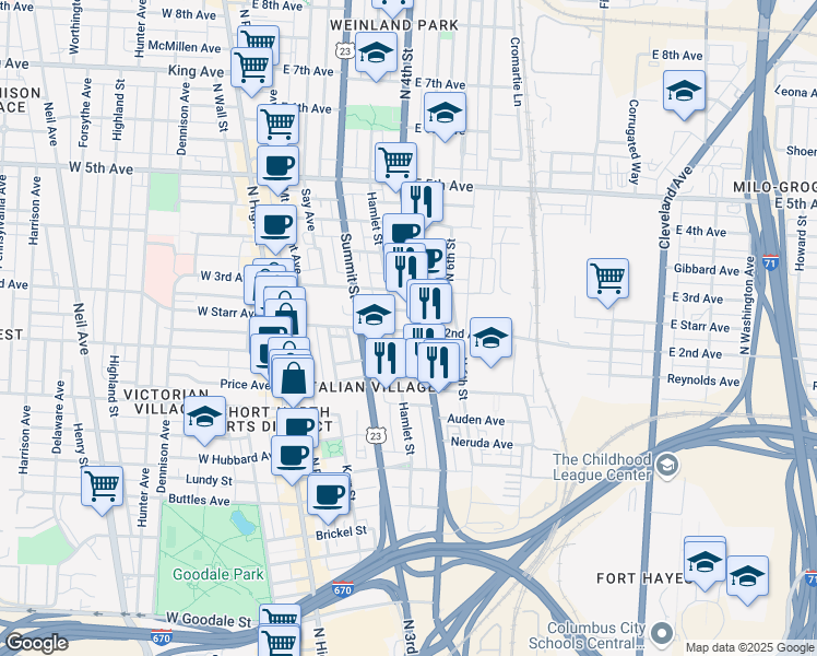 map of restaurants, bars, coffee shops, grocery stores, and more near 192 East 2nd Avenue in Columbus