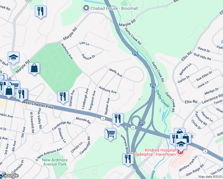 map of restaurants, bars, coffee shops, grocery stores, and more near 2183 Anthony Avenue in Broomall